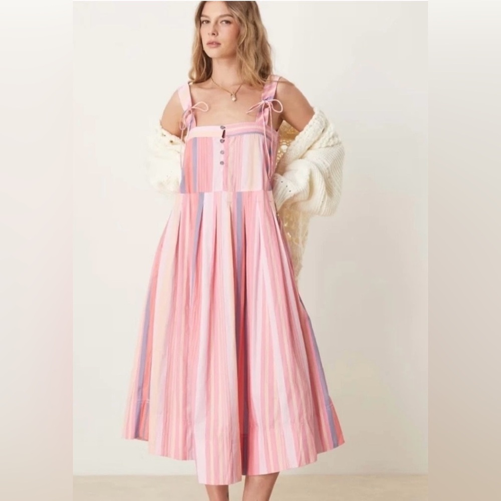 FREE PEOPLE Primavera Striped Midi Dress Pink Multi Medium NWT $148 Boho Ballet